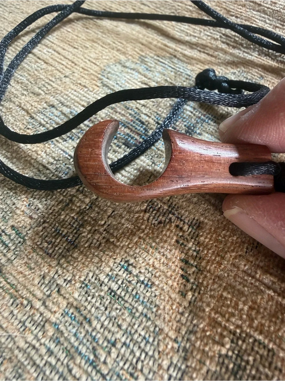 HEI MATAU Wood Carved Hook pendant necklace w/ black cord from Hawaii Strength